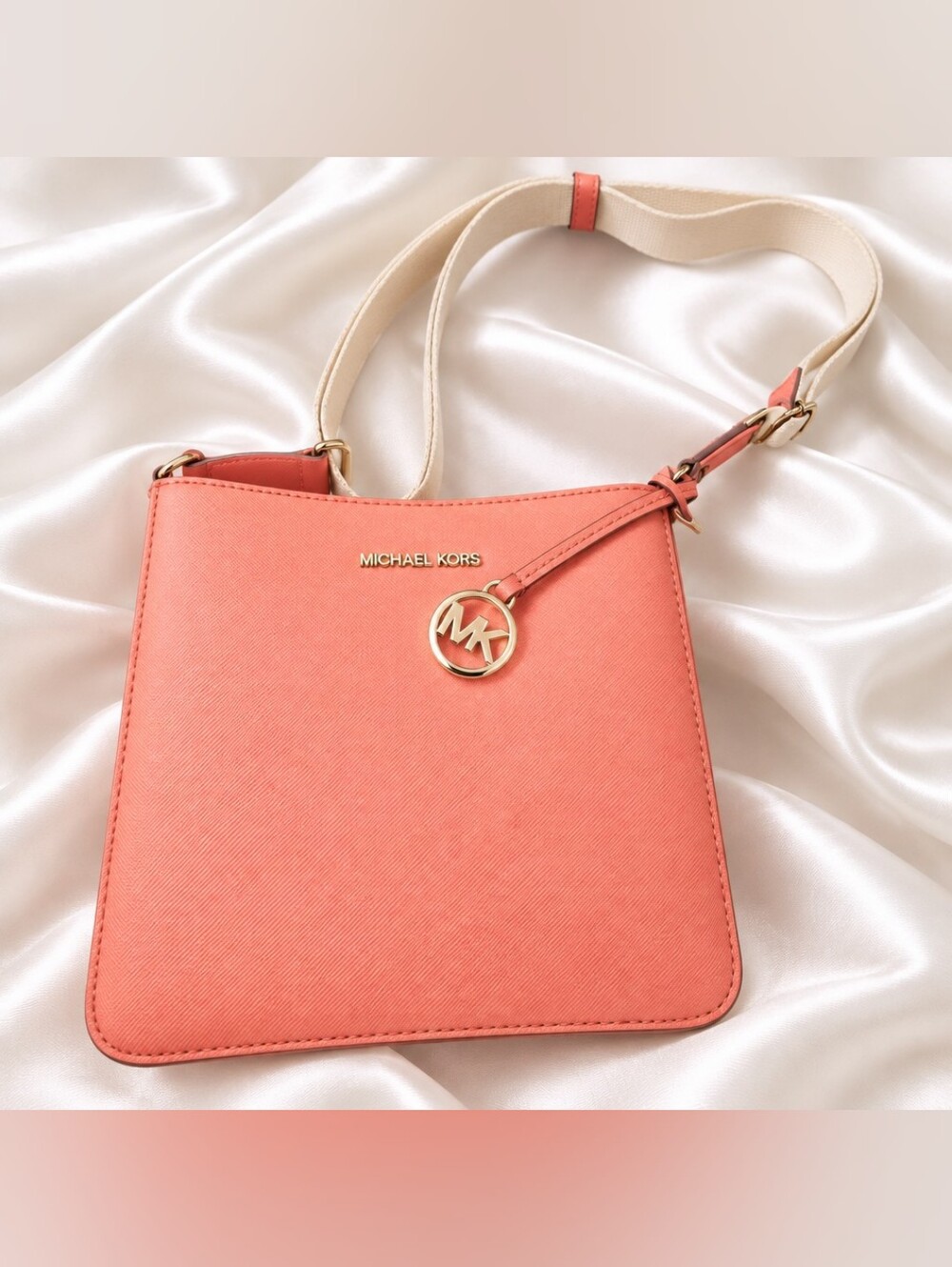 Michael Kors Coral Crossbody with Cream Strap and Silver MK Charm